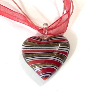 Heart Pendant Necklace Glitter Gold Red White Stripes Organza Ribbon & Cord
